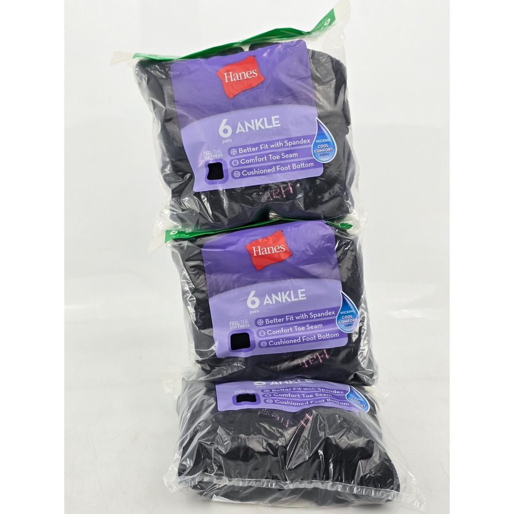 Hanes Ankle‎ Socks Womens 5-9 Black Cushioned 6 Pair Packs -New